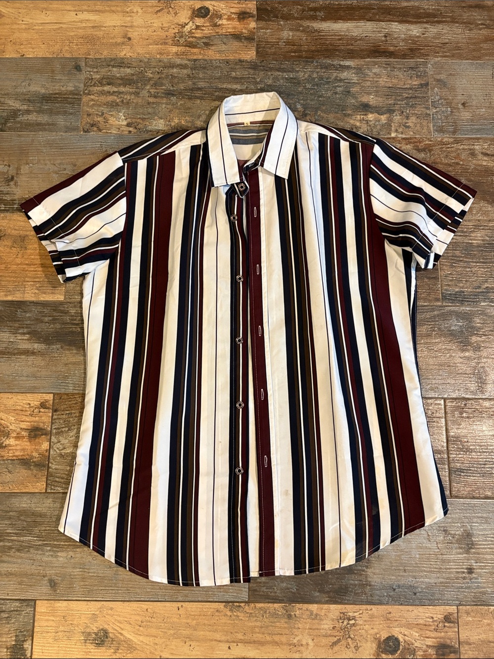 Men's Short Sleeve Button-Up Shirt - White, Burgundy & Navy Stripe